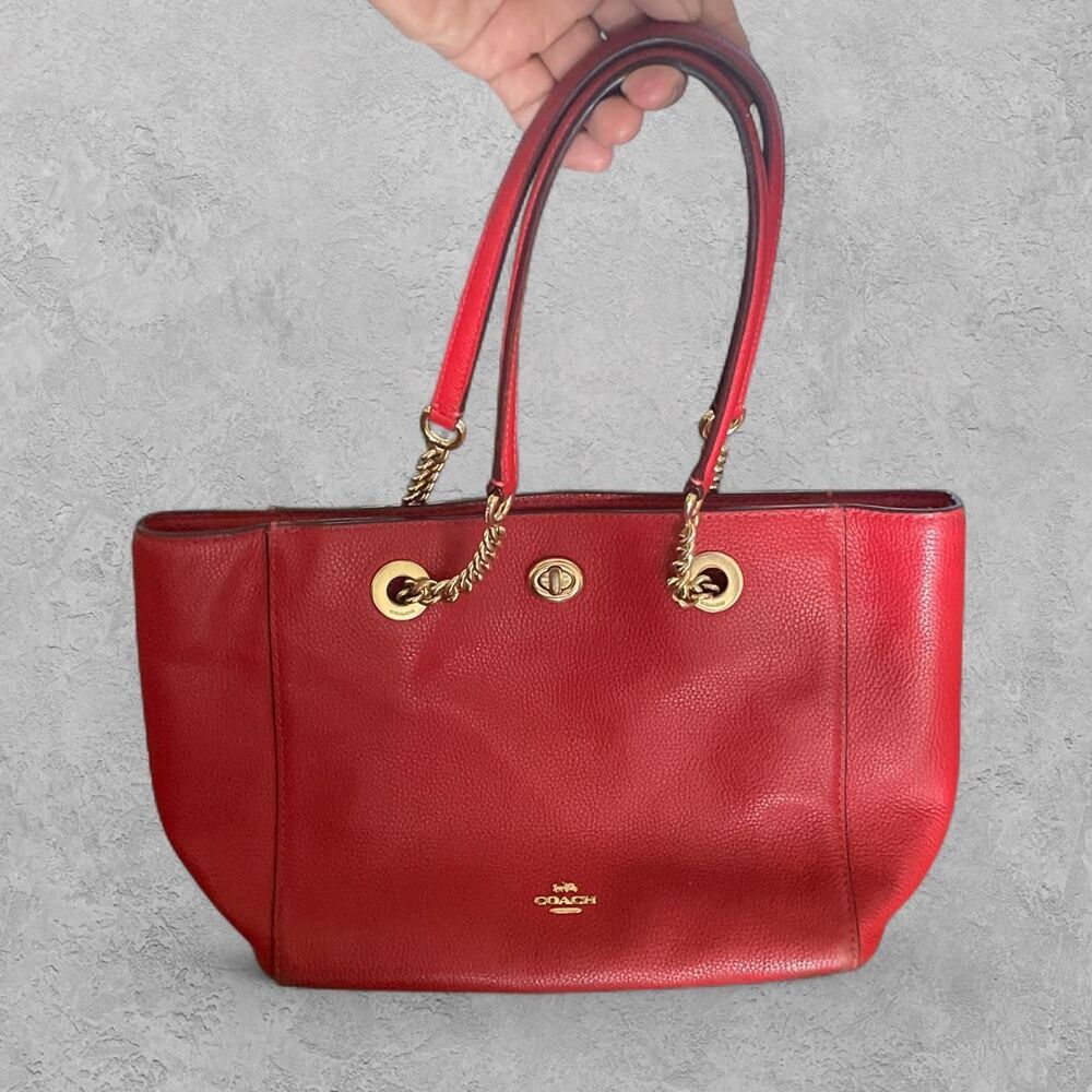 Coach Turnlock Chain Tote 27" Jasper Red Pebble Leather Shoulder Bag